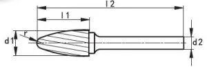 Technical schematic side view of a tapered rotary burr with labeled dimensions