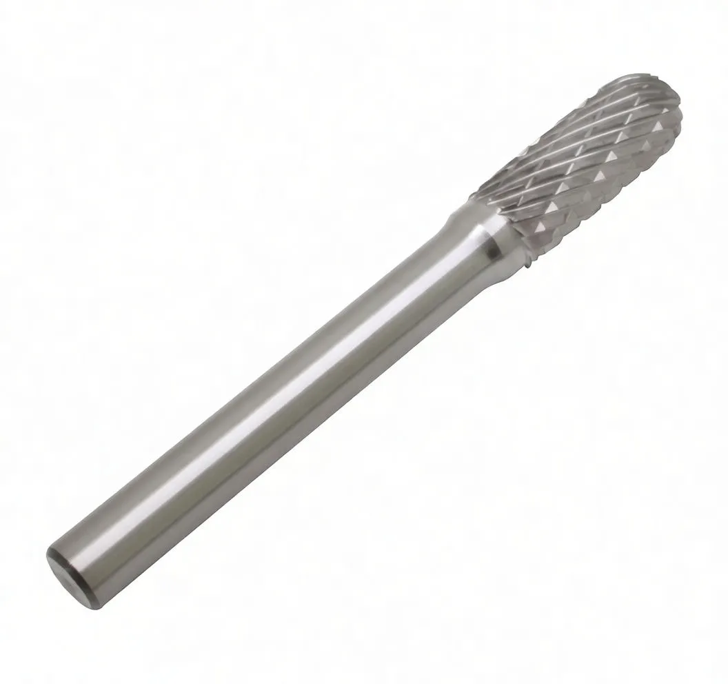 Angled view of rotary mill bit showing textured fluted head and engraved shank