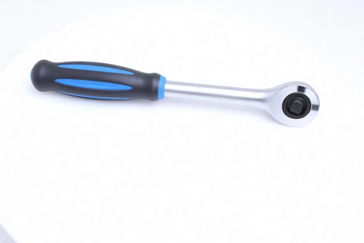 Top-down image of a rotary handle ratchet showing branded silver shaft, round ratchet head with 1/2 inch square drive, and black-and-blue spinner handle.