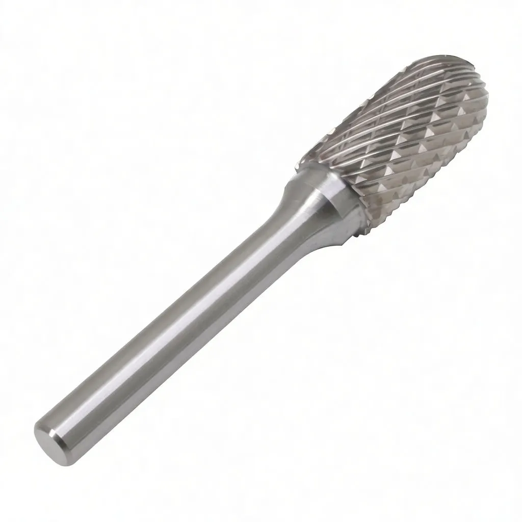 Angled view of a silver milling drill showing textured oval head with cross-cut teeth and ASTA marking on shank.