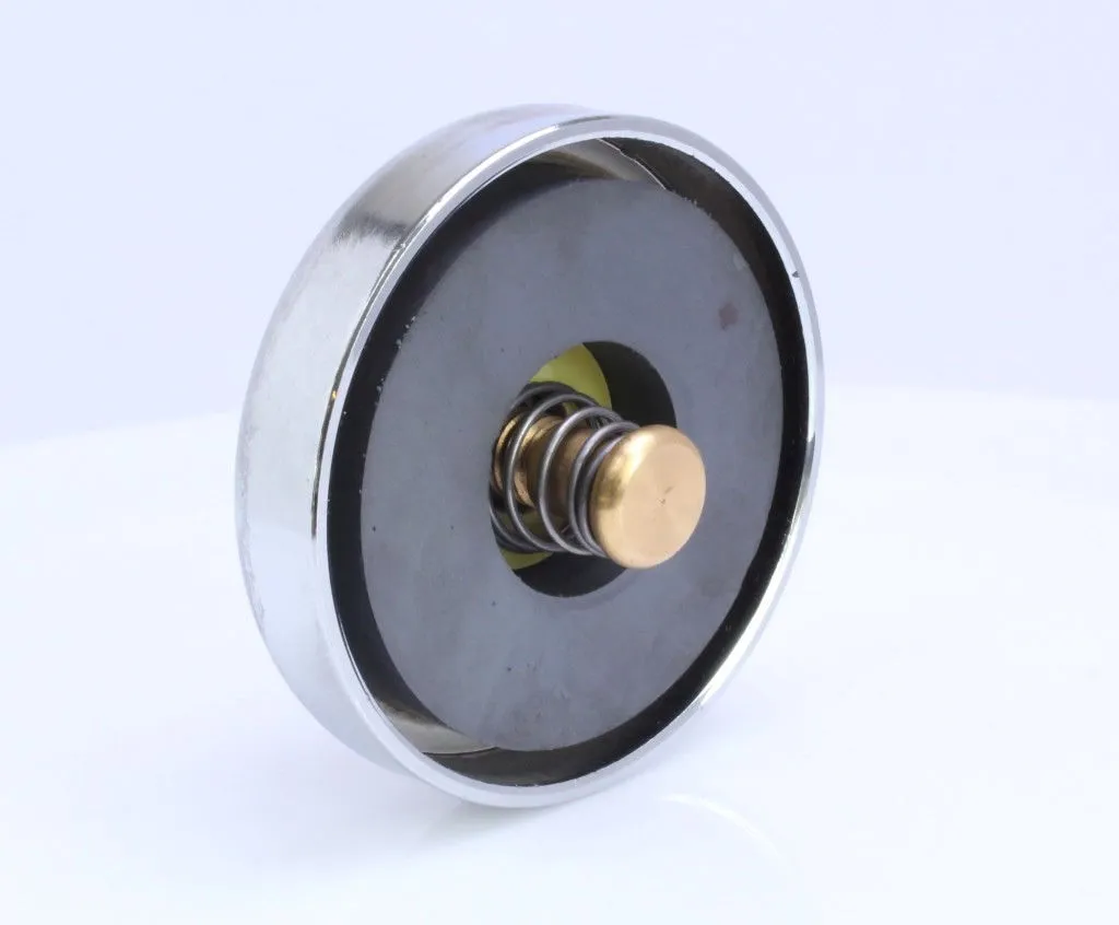 Angled back view of the magnet face showing a dark magnet disc, center brass plunger with spring, and metal cup rim.