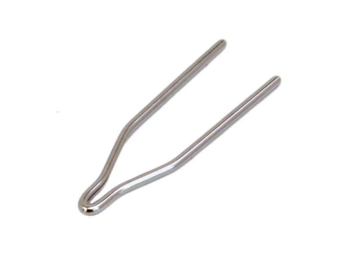Single close-up silver U-shaped wire clip with rounded loop and two parallel prongs on white background.