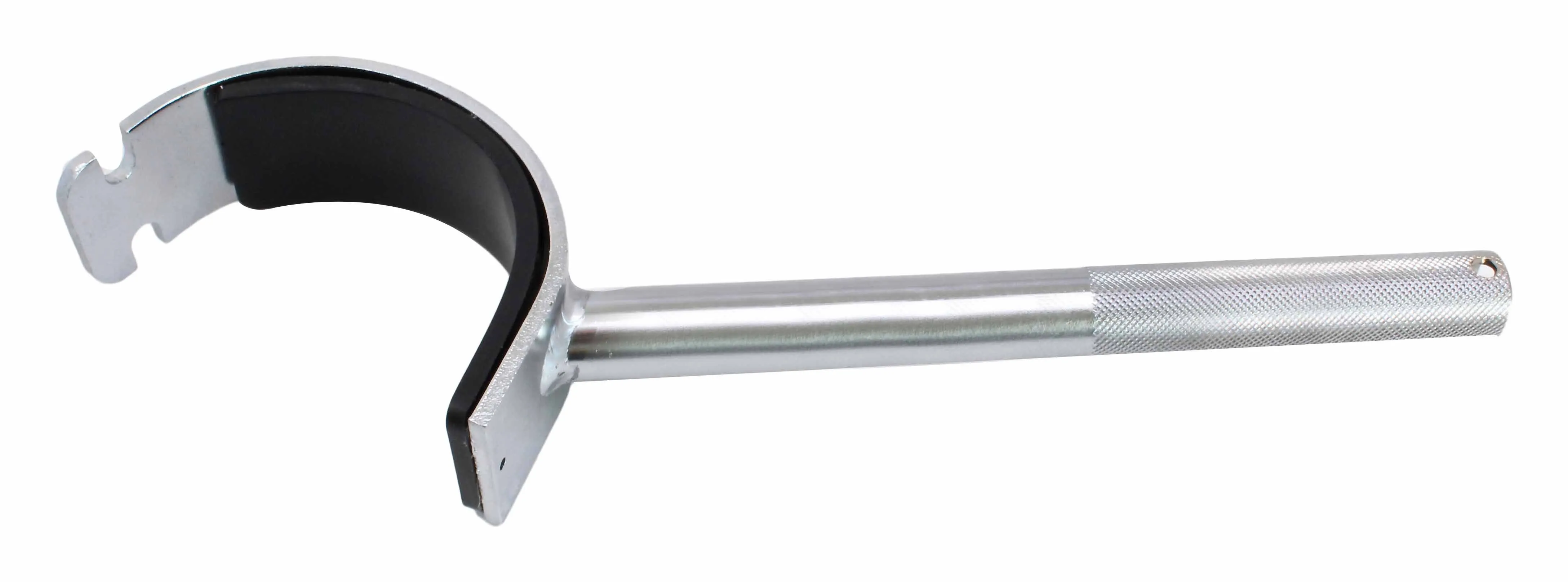 Side view of exhaust removal and installation tool showing padded C-head, welded shaft joint and knurled handle