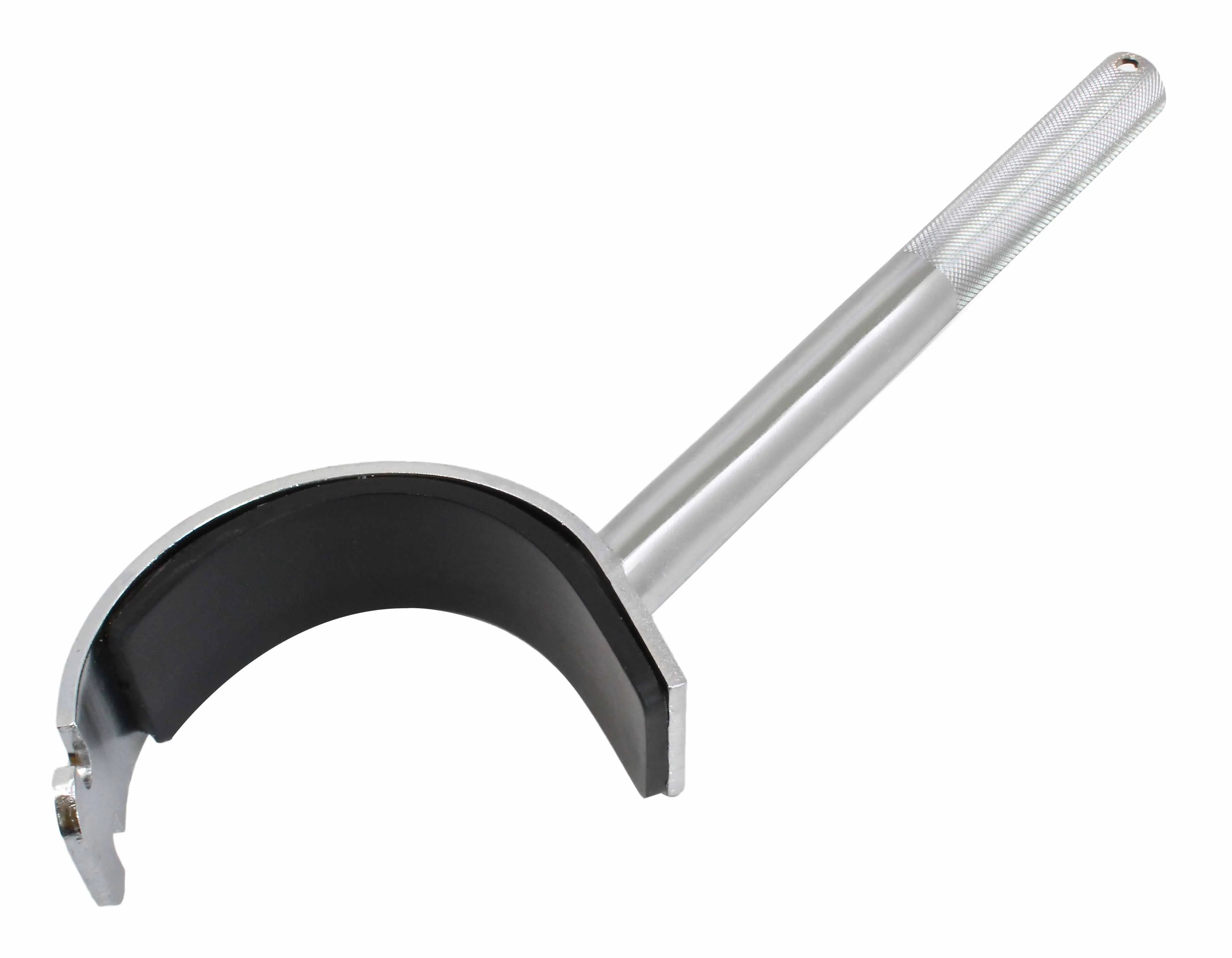 Top view of C-shaped padded exhaust tool with notched outer edge and knurled silver handle