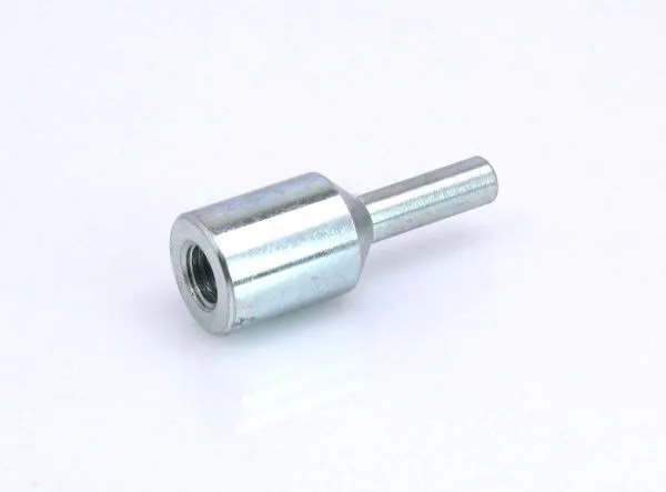 Angled view of adaptor showing internal threaded hole in the larger cylindrical end and a narrow shank extending away.