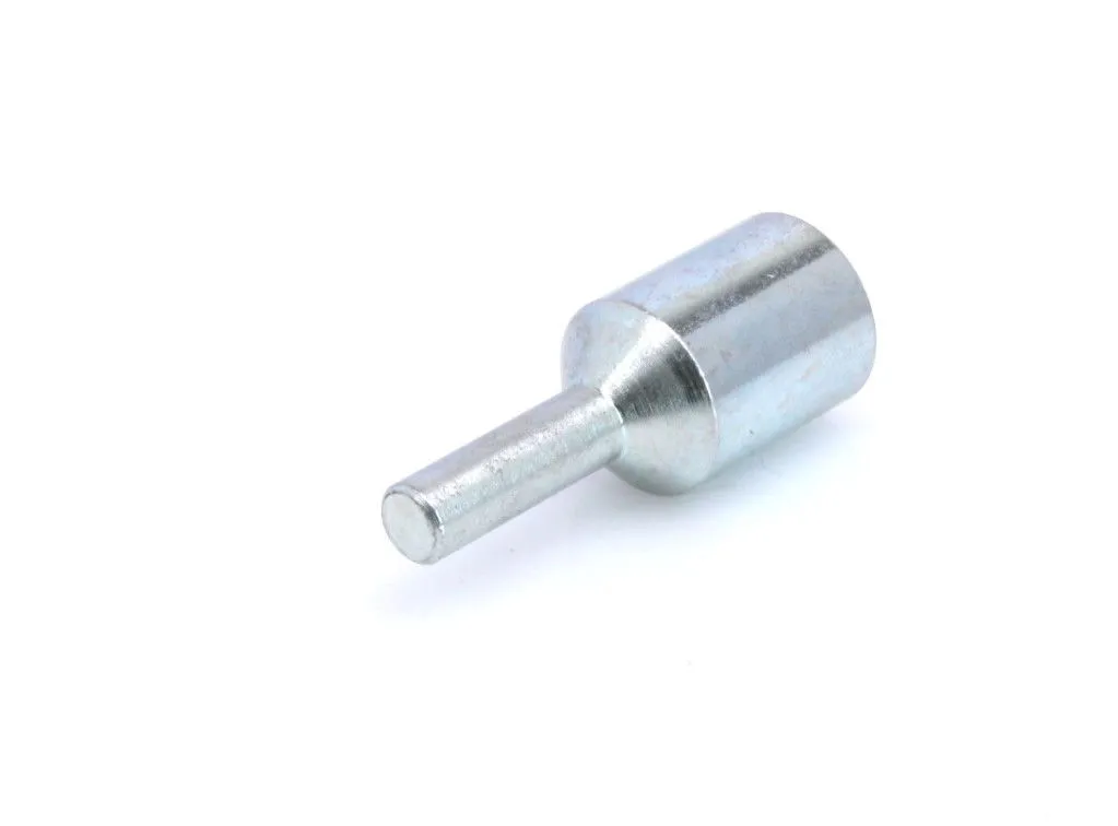 Oblique view of metal adaptor for rubber wheel showing narrow shaft, tapered shoulder, and larger smooth cylindrical body.