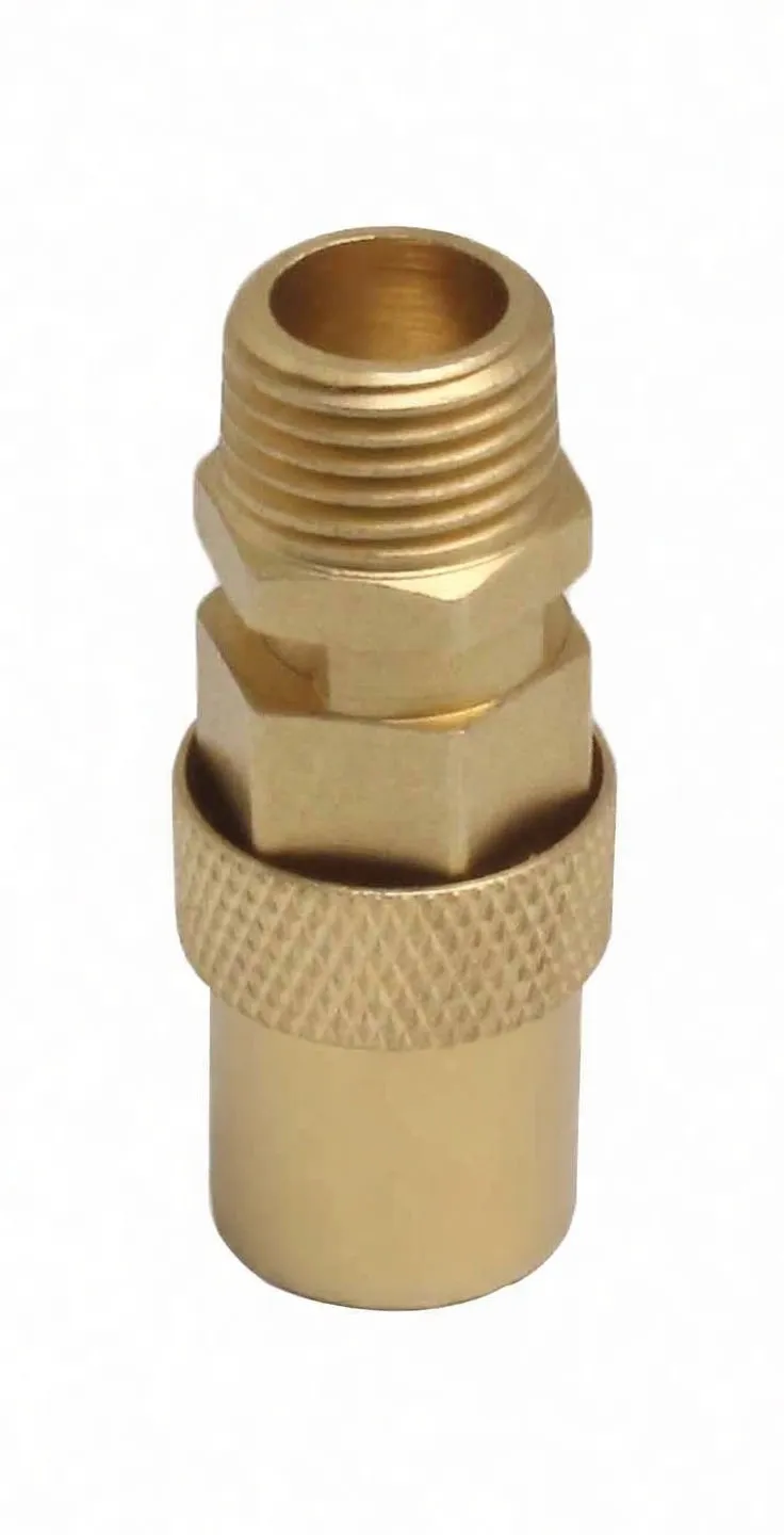 Vertical view of brass safety valve showing open male threads, hex nut, knurled collar and engraved markings on the body
