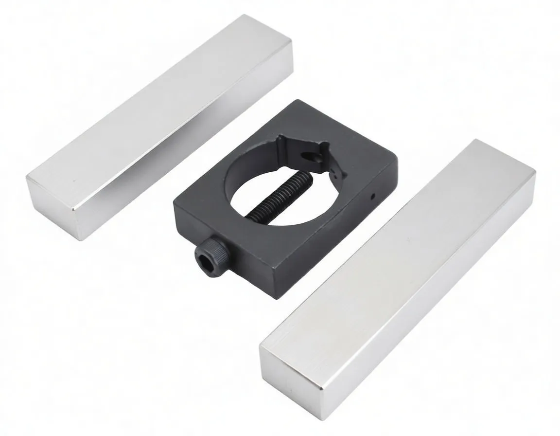 Rear/top view of drill jig bars showing tapped holes and black clamp with tightening screw