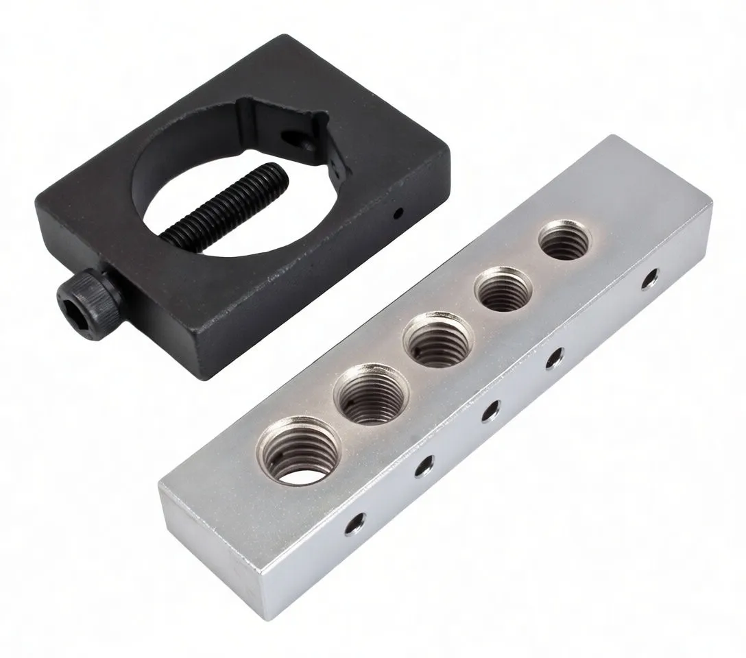Top view showing ASTA-marked black clamp above a silver block with six threaded holes and a stamped size marking