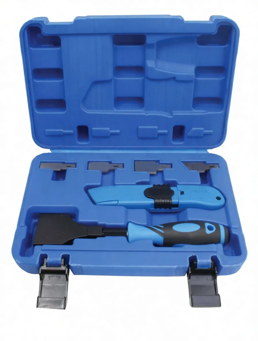 Open blue molded case with utility knife, scraper, multiple blade heads and storage cartridge
