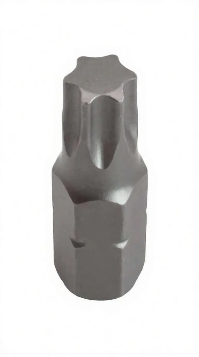 Oblique view of a compact Torx T50 insert bit showing ASTA engraving on the hex shank and the six-lobed tip.