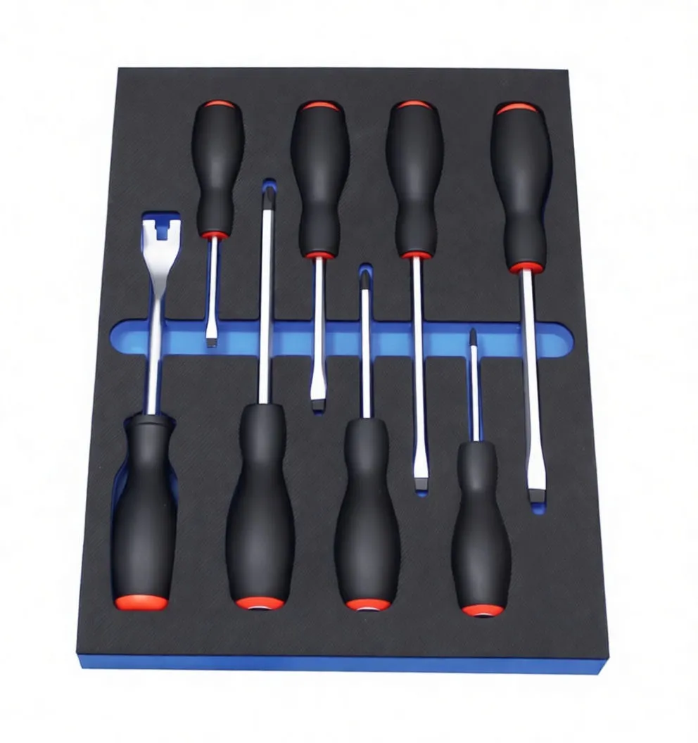 Vertical view of ASTA screwdriver set in black foam insert with printed size and PH markings, blue backing visible