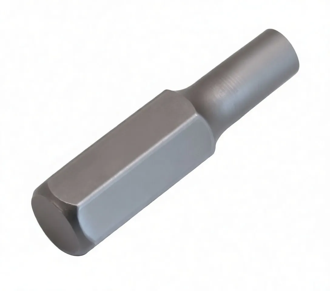 Angled full-length view of security Torx (tamper) bit with engraved logo on hex shank and hollow tip