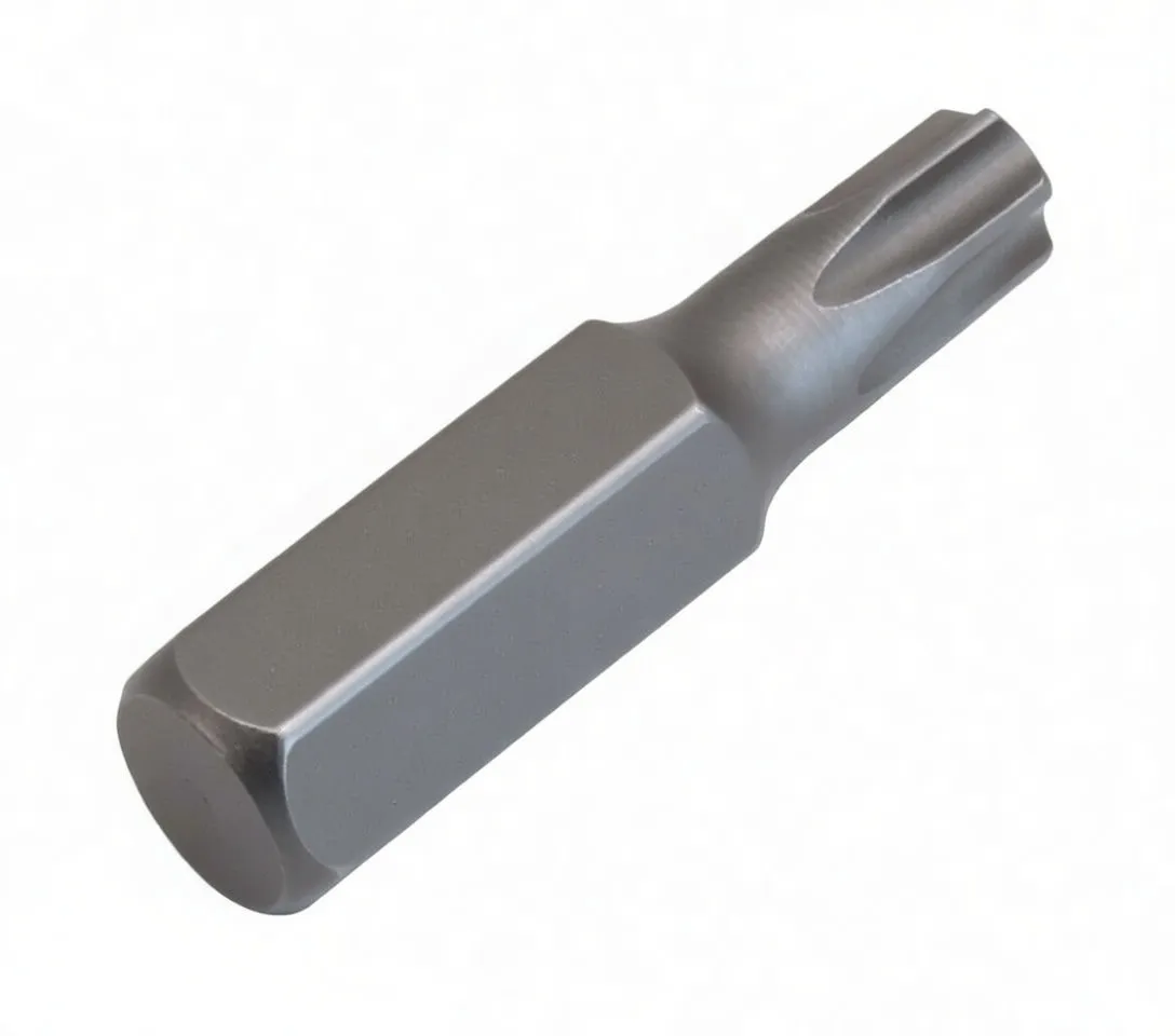Angled full view of security Torx bit with ASTA logo on hex shank