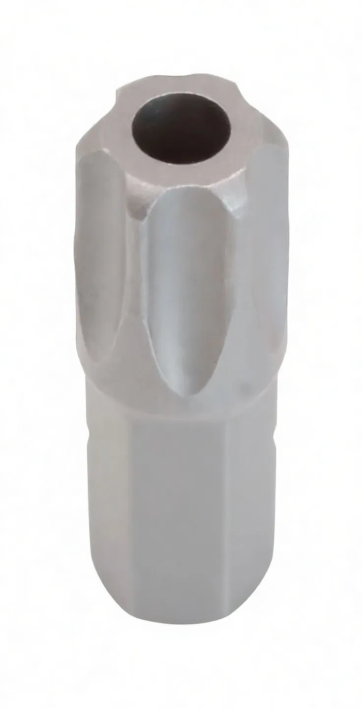 Top view of a tamper Torx bit showing six lobes around a central hole and a hex shank with stamped logo.