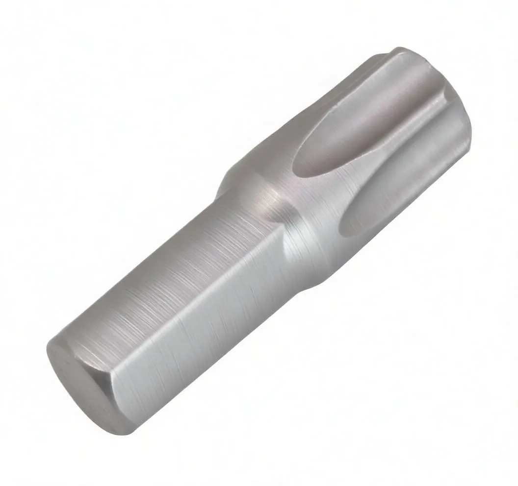 Side-angled view of a tamper-proof Torx bit showing six lobes and a central hole with hex shank and logo.