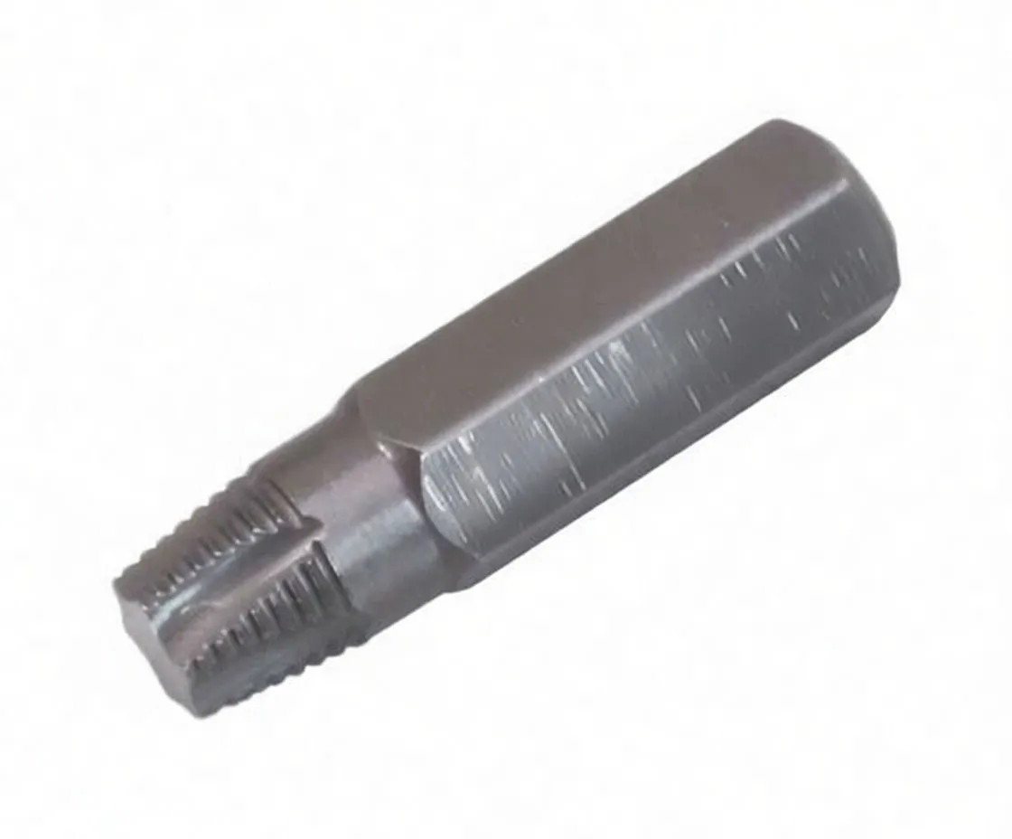 Angled view of hex shank driver bit with Torx-style TX45 tip and stamping ASTA A-T45E