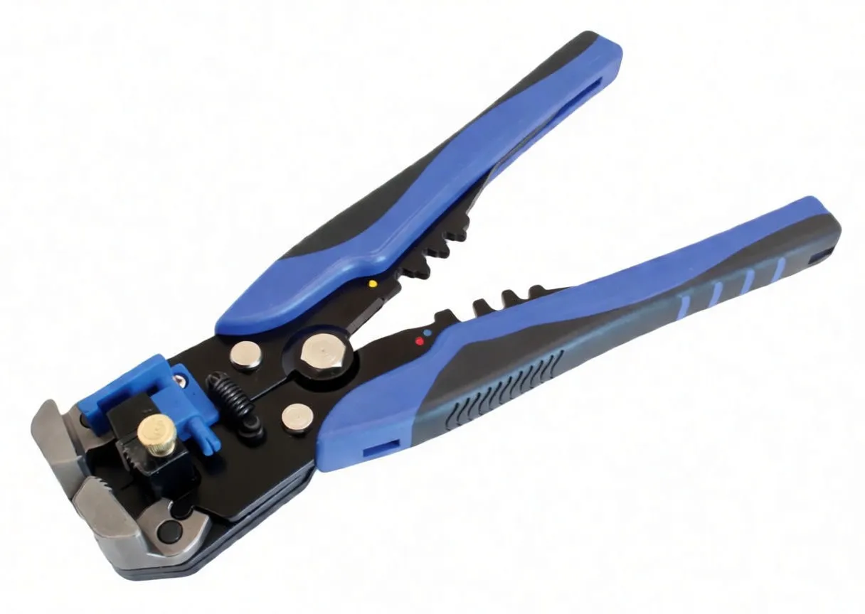Close diagonal view of wire stripper head with blue plastic guide, brass screw and 'satra S-WS2410' on handle
