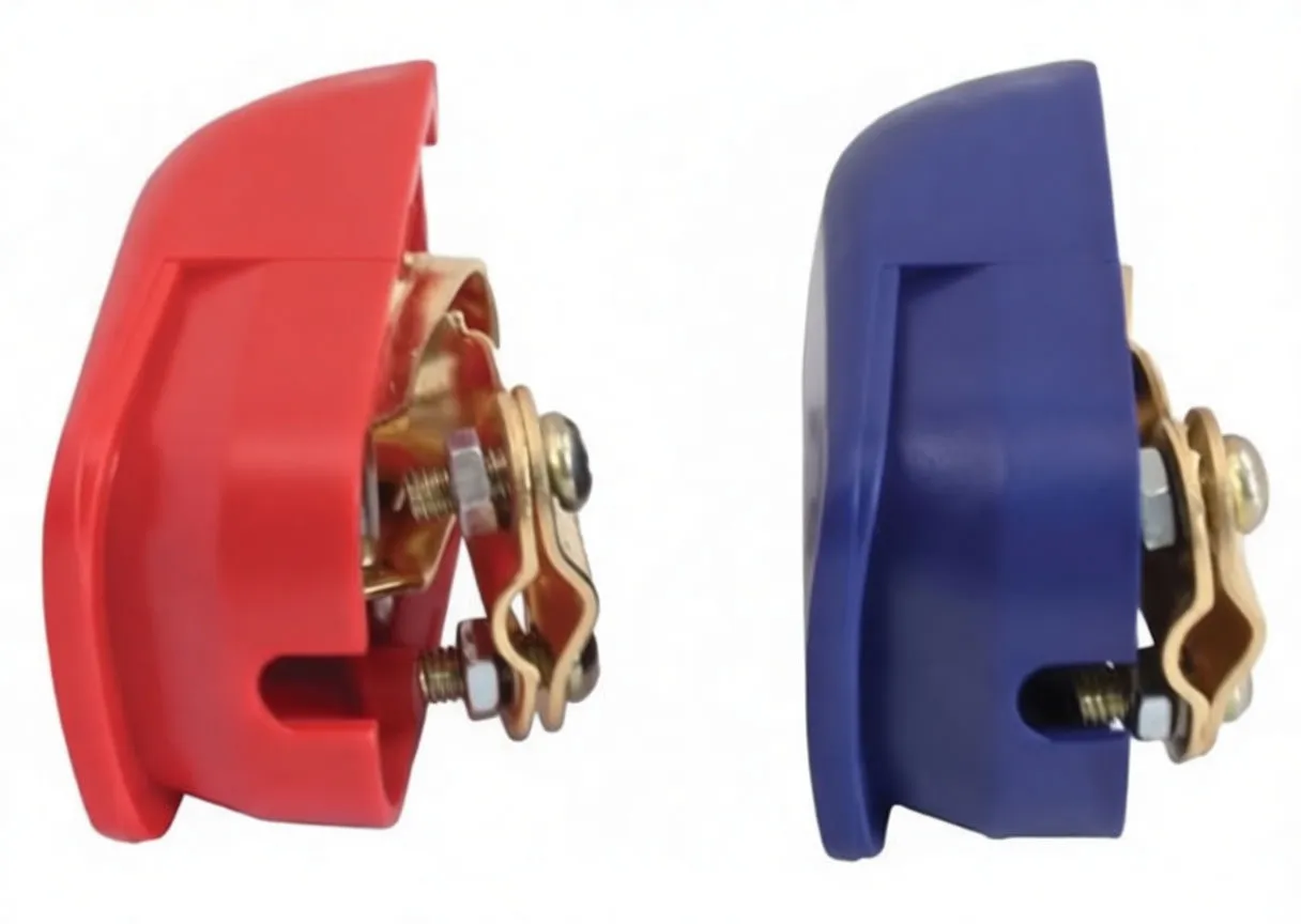 Top view of red and blue clamp covers showing embossed plus and minus polarity symbols and faint 'Flash Power' branding