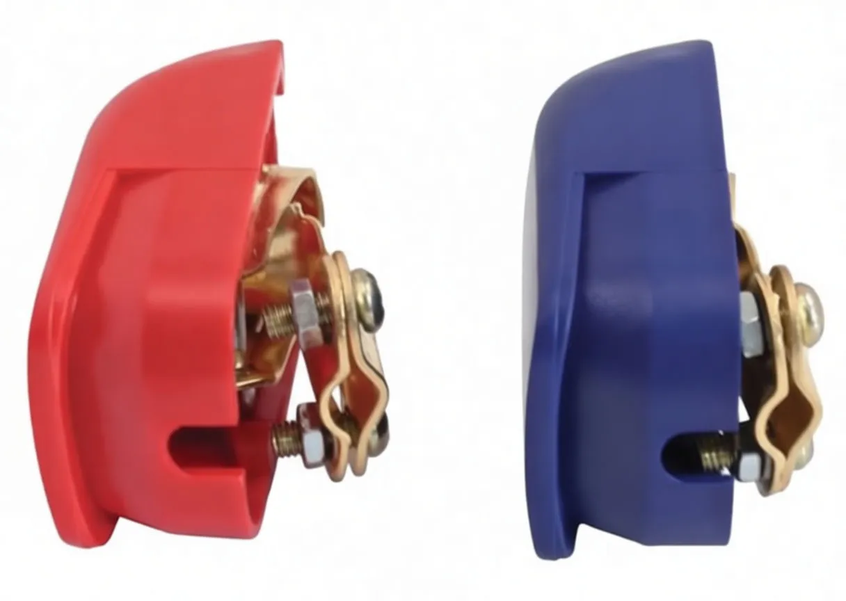 Side profile of red and blue battery clamps showing bolt, nut and exposed clamp jaw through a slot in the plastic housing