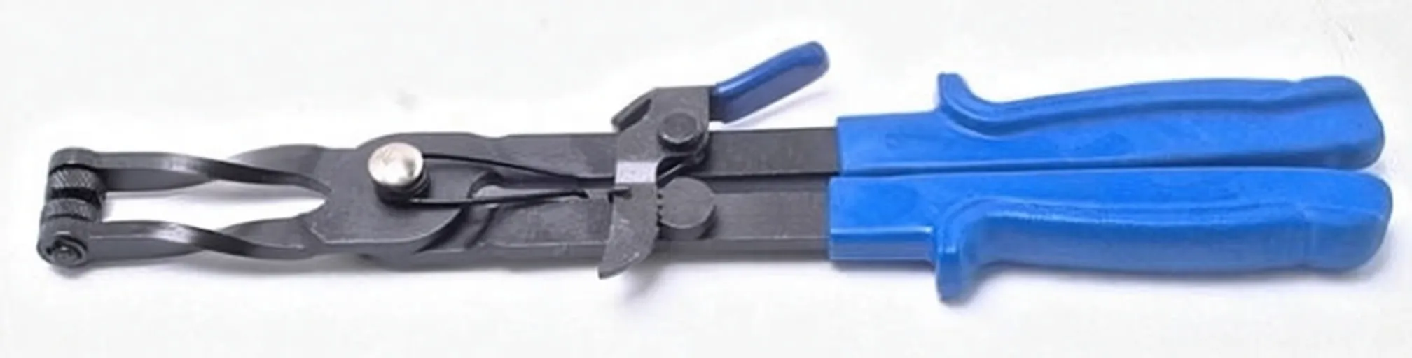 Top view of closed hose-clip pliers showing roller jaw tips, pivot spring and 'ASTA' marking on black metal shanks with blue handles