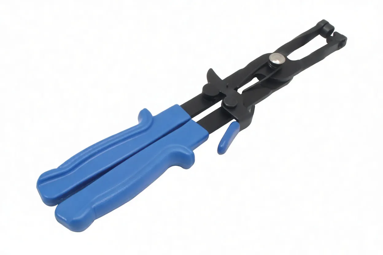 Angled view of pliers with blue handles and visible locking lever