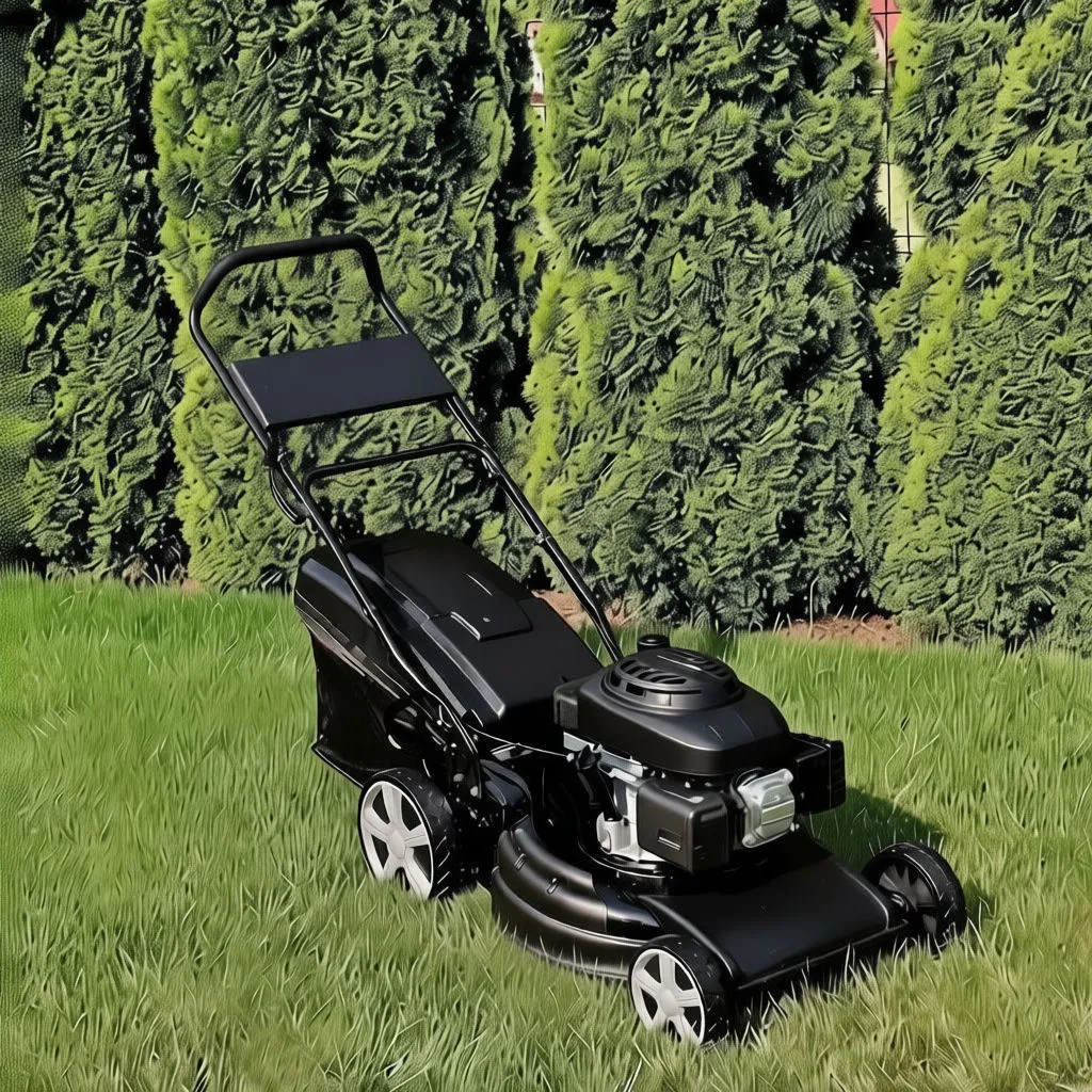 Close-up of mower engine with 'OHV' stamped cover, recoil housing and green 'saTra' decal on deck.