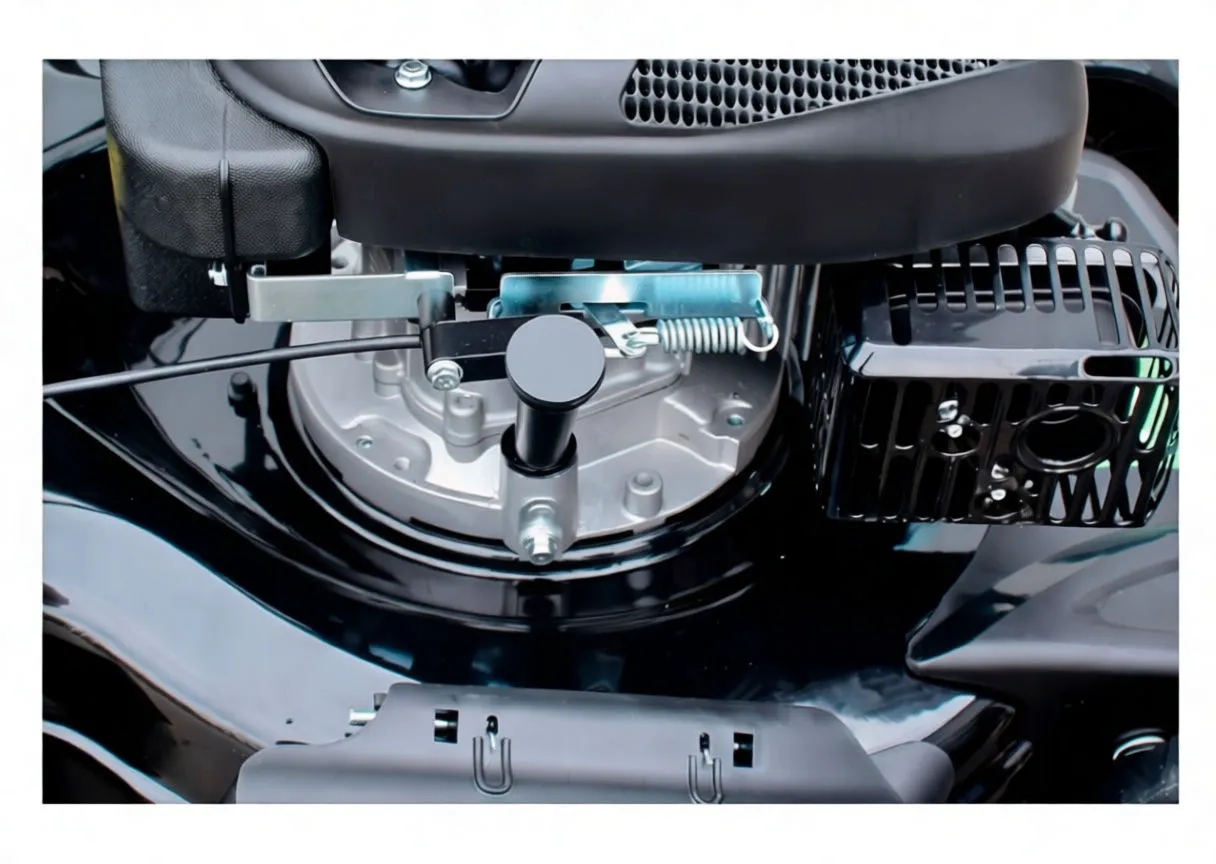 Close-up of blade drive area and engine underside with oil cap, linkage and deck hardware.