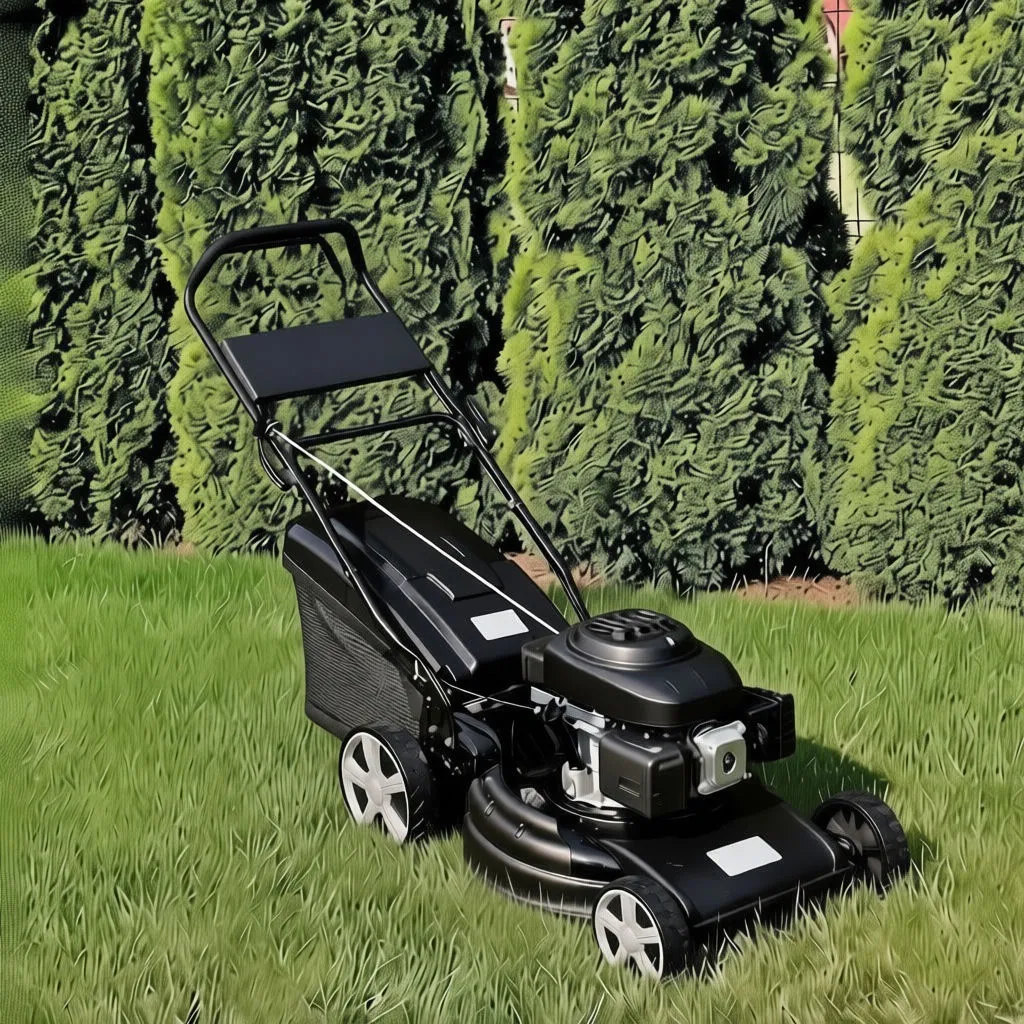 Close-up of rear wheel, height adjustment bracket and side handle on black lawn mower.
