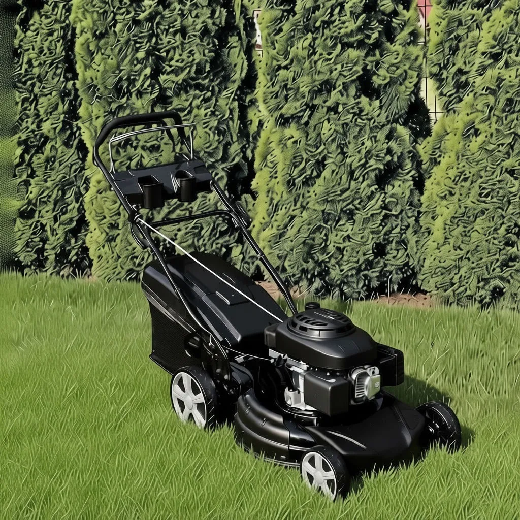 Rear view of mower grass collector with plastic grid insert and glove-held component.