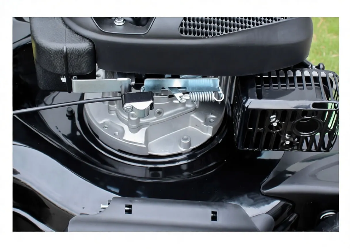 Full view of black gasoline lawn mower on grass near hedges showing 'saTra' bag and handle.