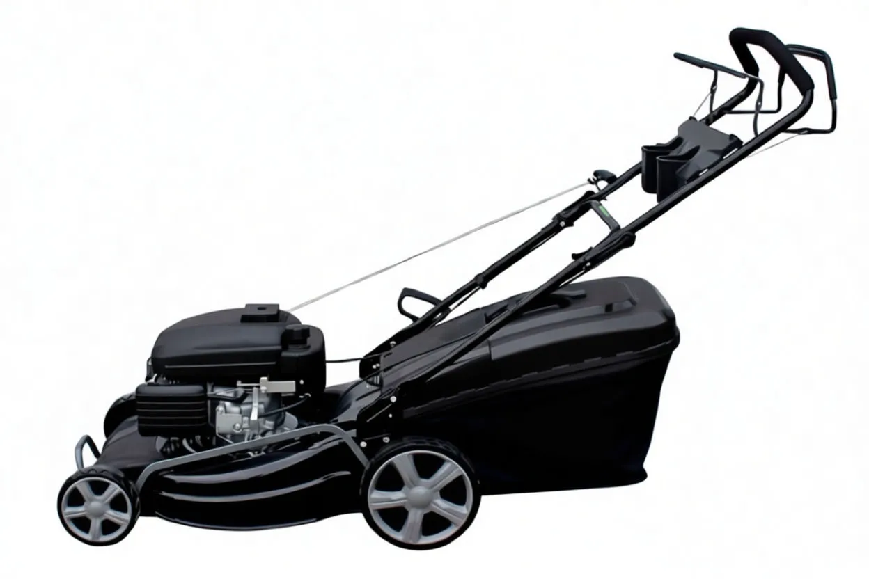 Close-up of mower deck and engine area with a flexible hose and orange quick-connect fitting.