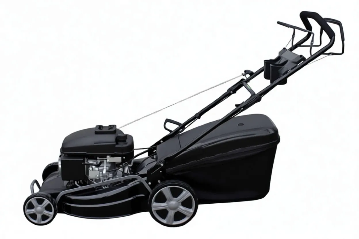 Side view of black gasoline lawn mower with 'saTra' grass bag, engine housing and grey wheels.
