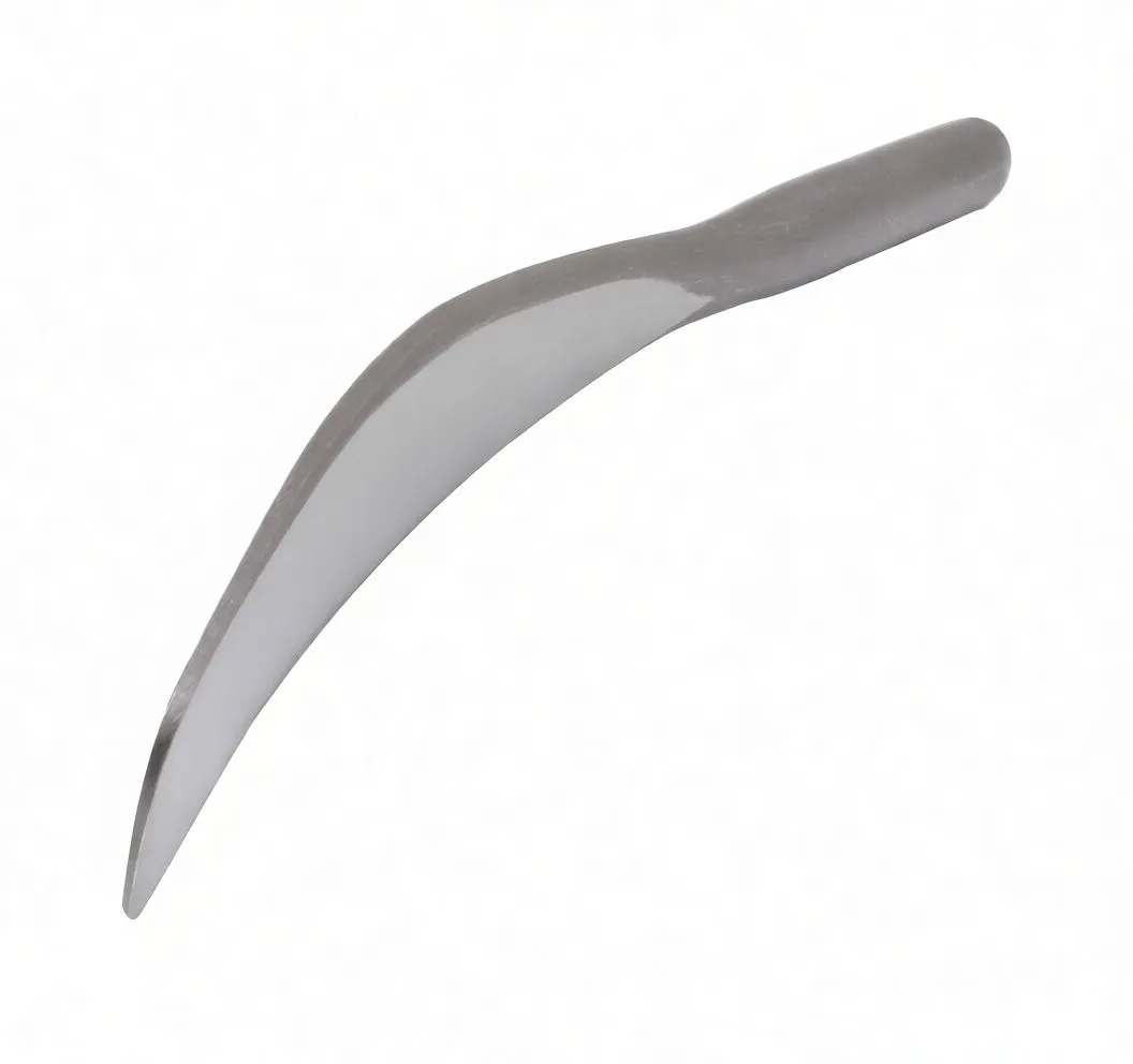 Side profile of curved tinsmith's spoon showing thin beveled edge and rounded handle