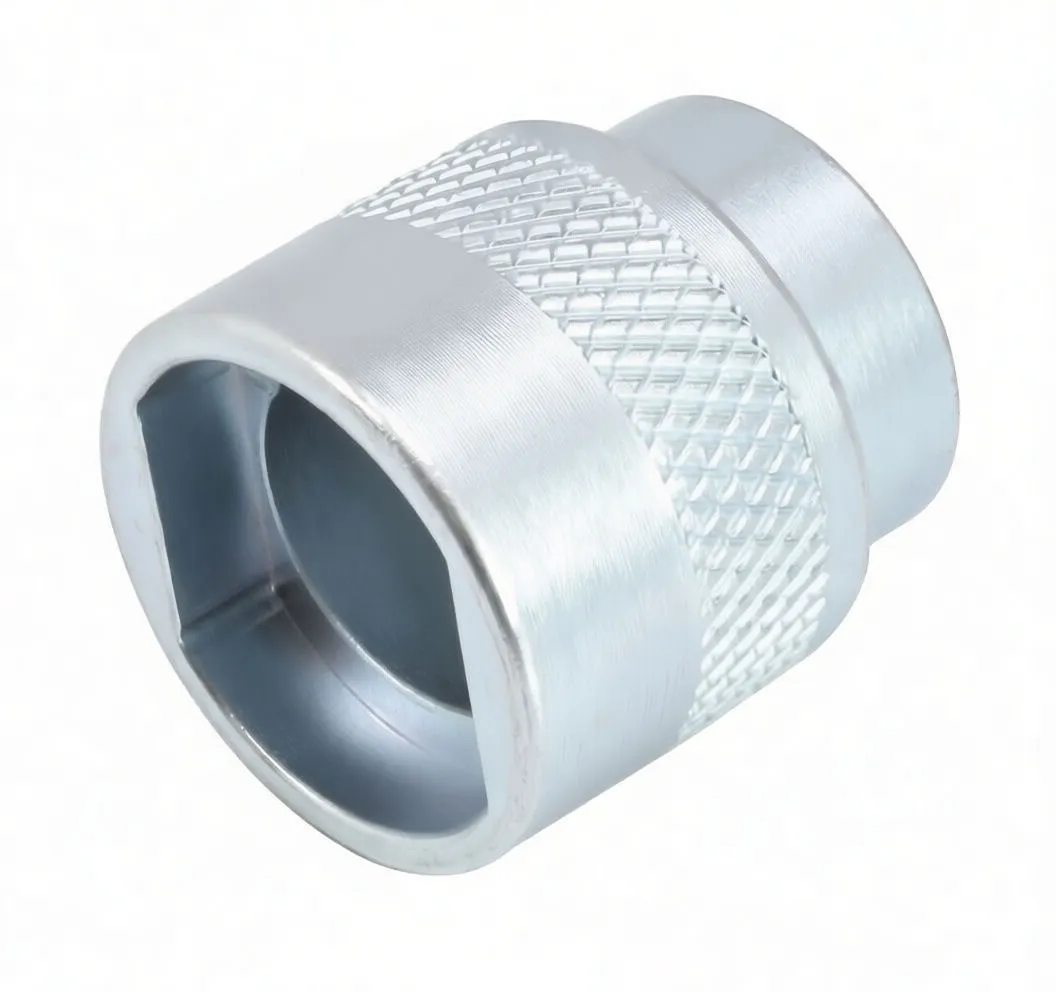 Side angle of socket showing open recessed end with internal flats and knurled body