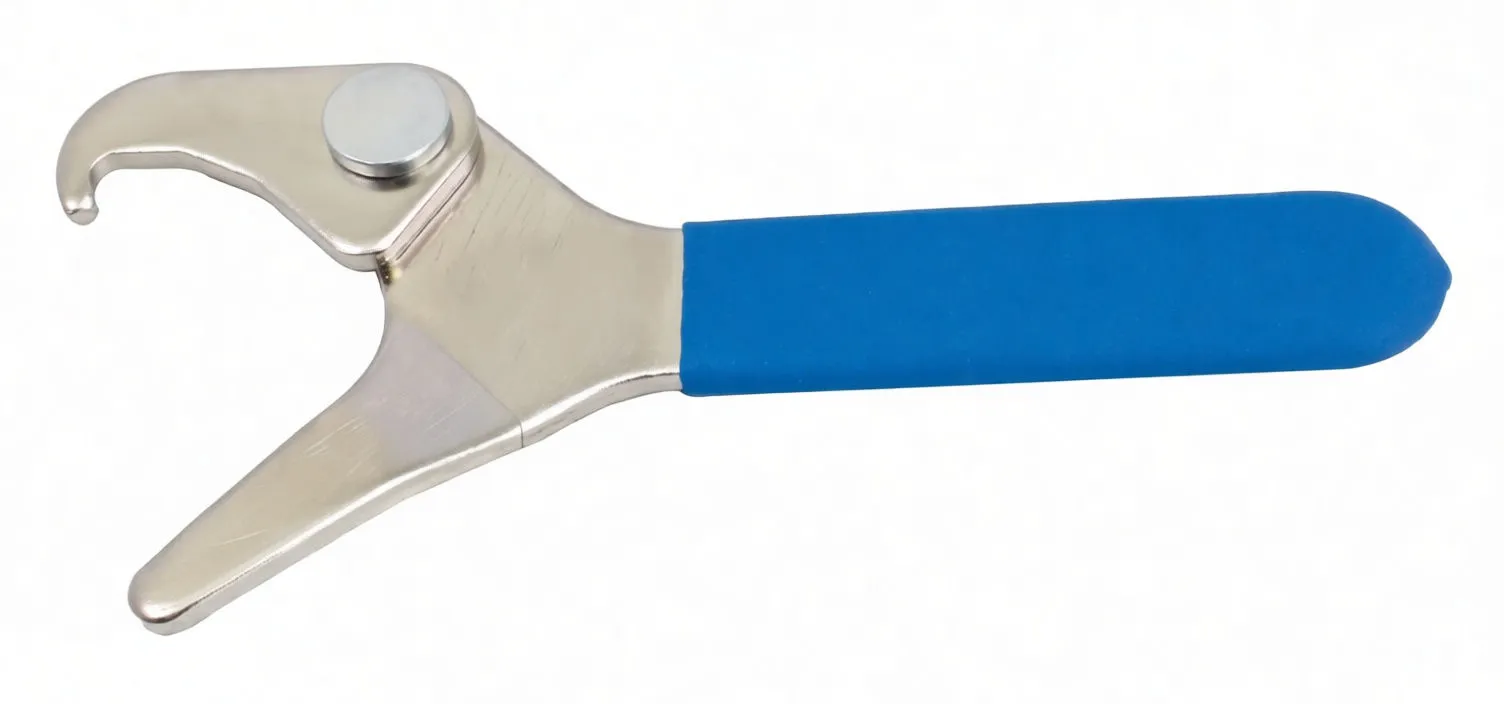 Overhead shot of shock preload adjusting tool showing full length, fork prong, pivoting hook and blue handle