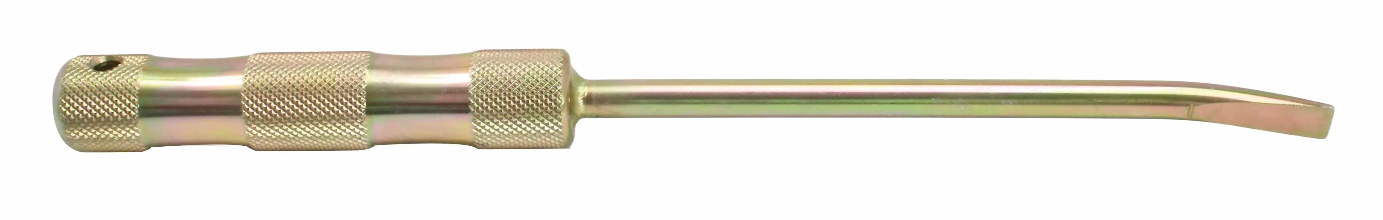 Side view of a gold-plated preload adjusting tool with knurled handle and bent flat tip