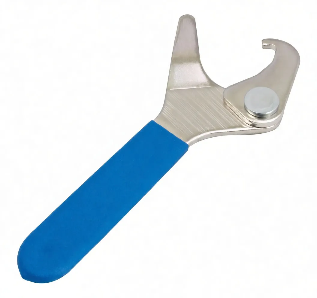 Angled view of Y-shaped shock preload wrench with hooked movable jaw and blue grip