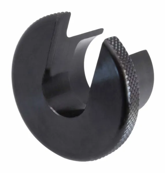 Side angle of C-shaped shock seal head tool showing semicircular slot and knurled flange