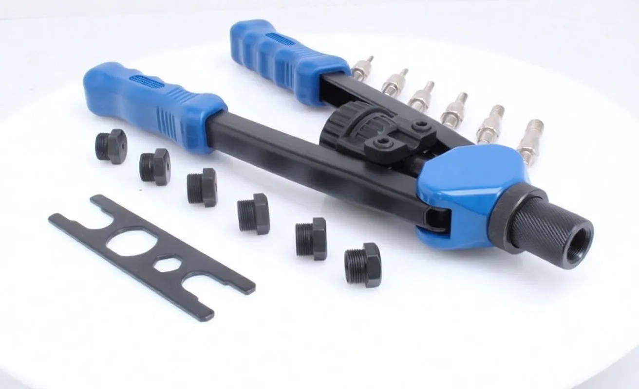 Rivet nut hand tool with blue grips, row of black nosepieces, multi-fit spanner and silver mandrels on white background, detail of tool head and fittings.