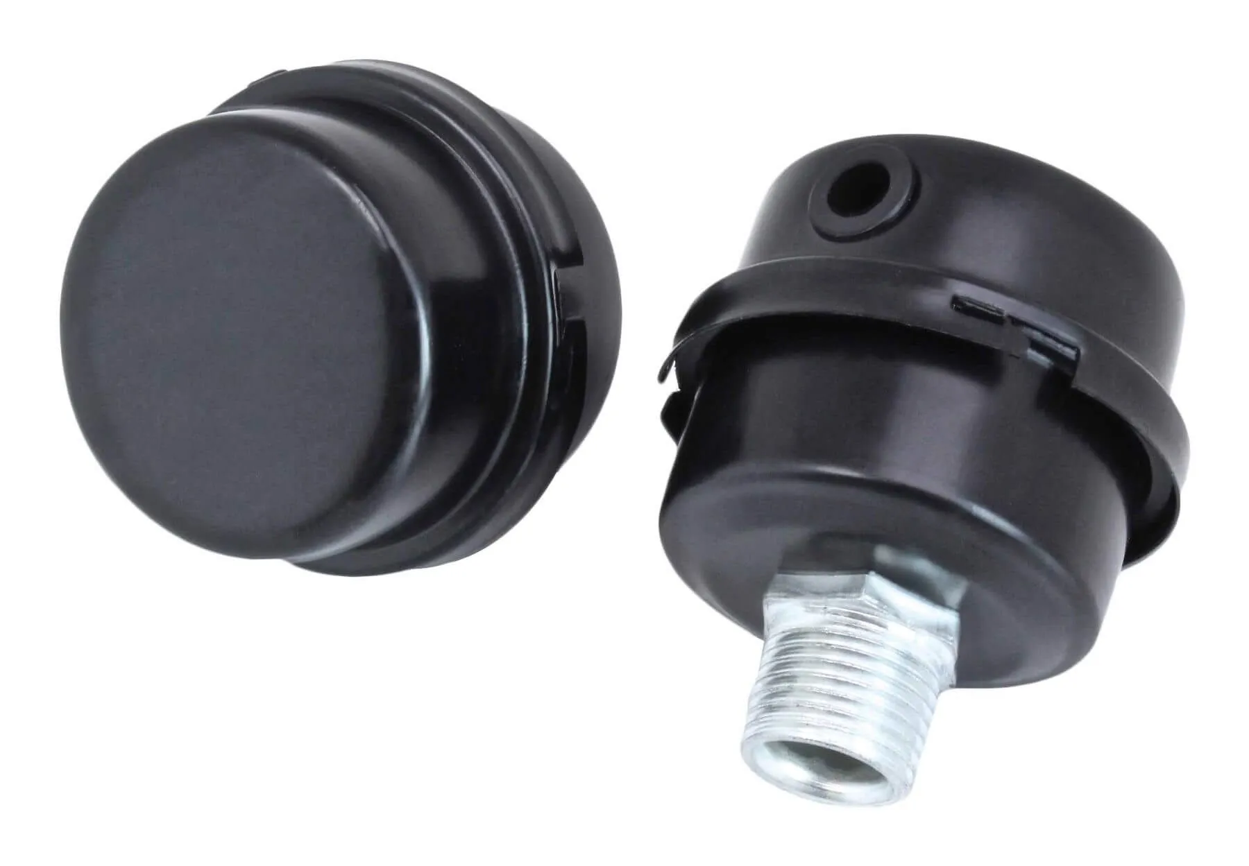 Two black plastic round intake/filter housings, one with a metal threaded fitting