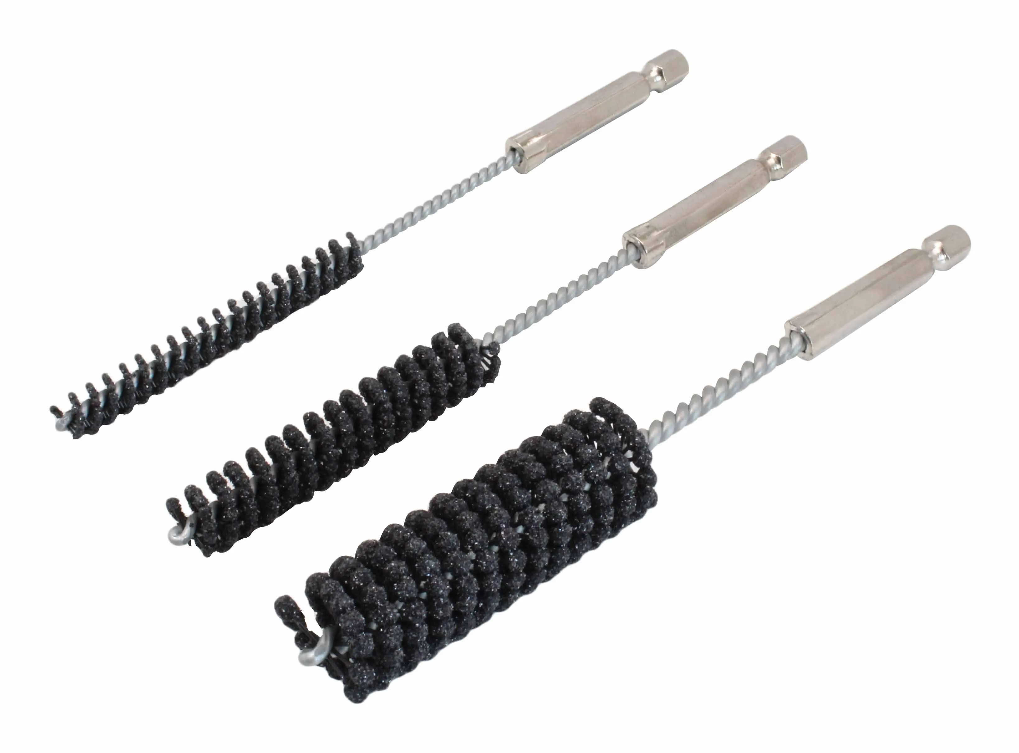 Angled product view of three flexible honing brushes with coiled black abrasive bristles and hex tool shanks