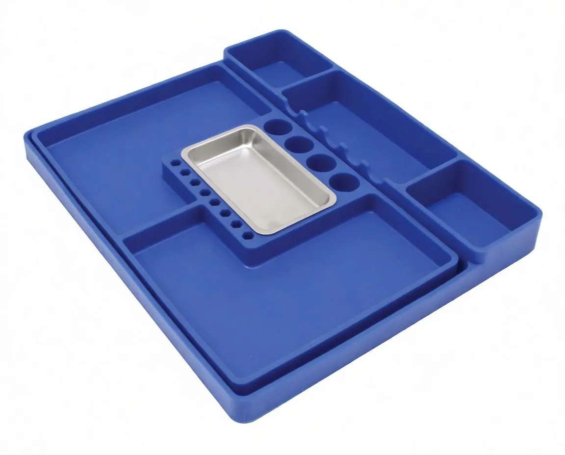 Single blue non-slip silicone tool tray with stainless steel parts tray, bit holes and multiple storage compartments.