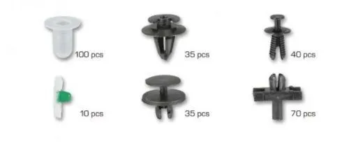 Six illustrations of plastic fastener types on white background with quantities: 100, 35, 40, 10, 35, 70 pcs showing various push rivets and panel clips.