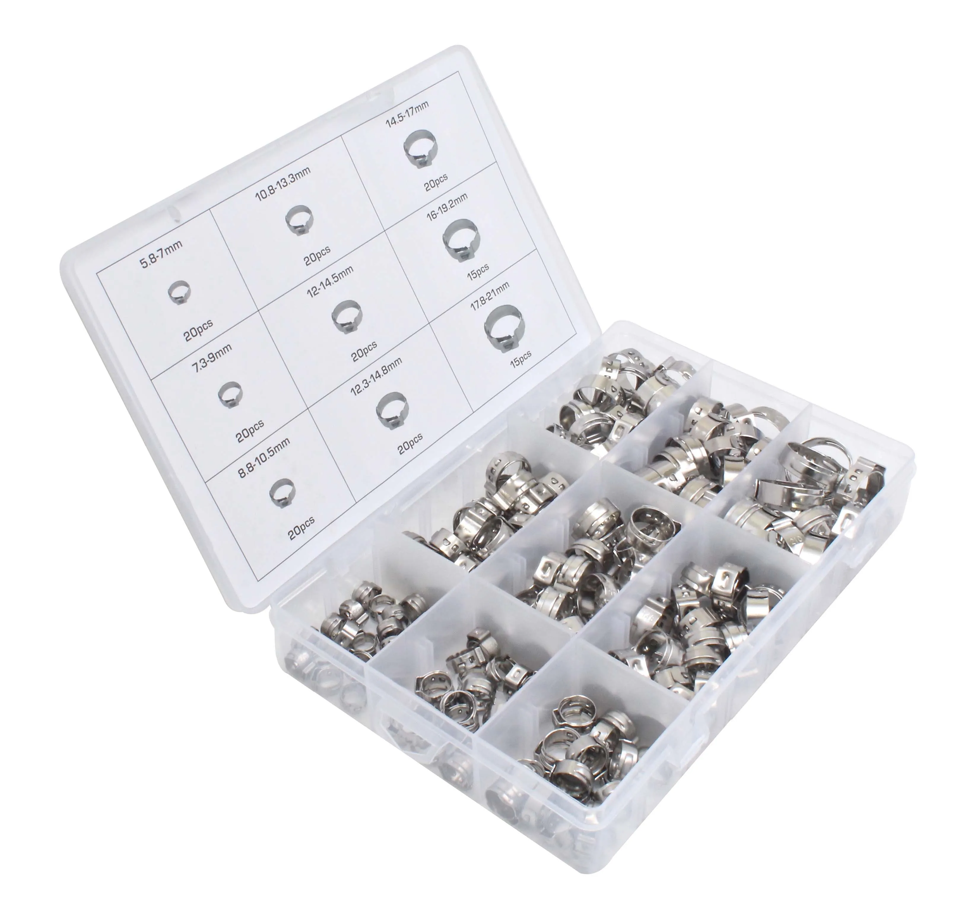 Angled open view of a clear plastic case with multiple compartments holding shiny single-ear hose clamps and a printed size matrix on the lid.