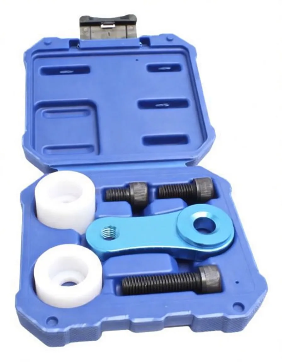 Angled view of open blue case with drive flange locking arm, white spacers and three black bolts