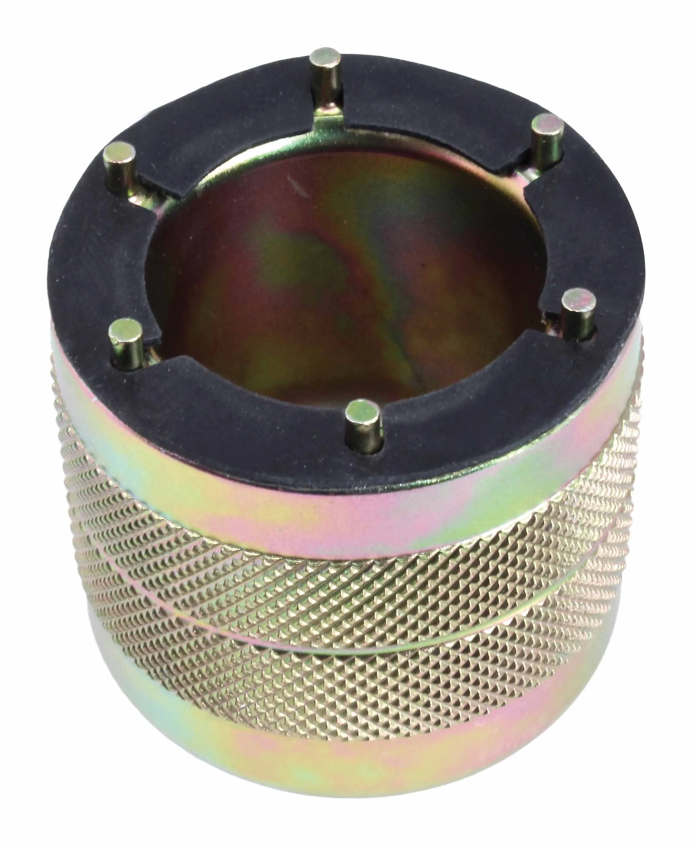 Top view of fork cap tool showing six locating pins in a black ring and central cavity