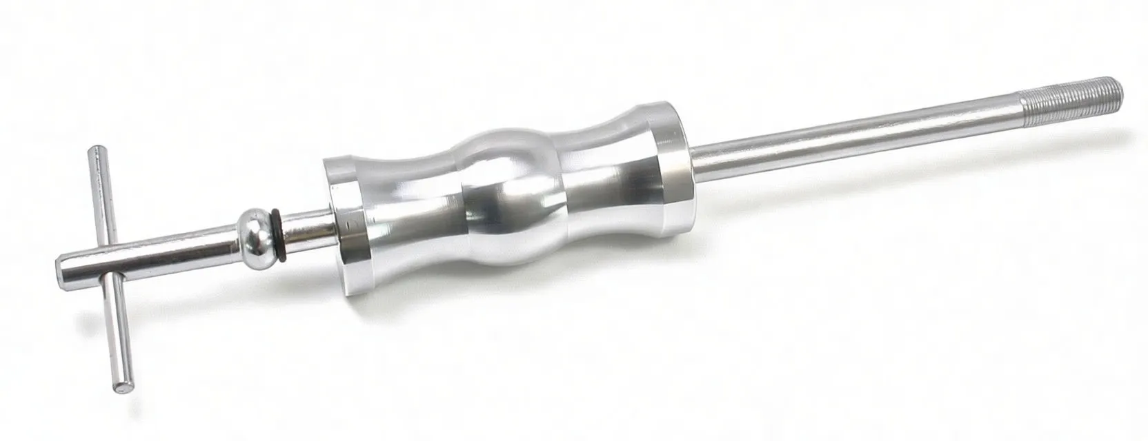 Full view of a chrome slide-hammer puller with threaded shaft, central machined weight with stamped marking, spherical stop, and T-handle.