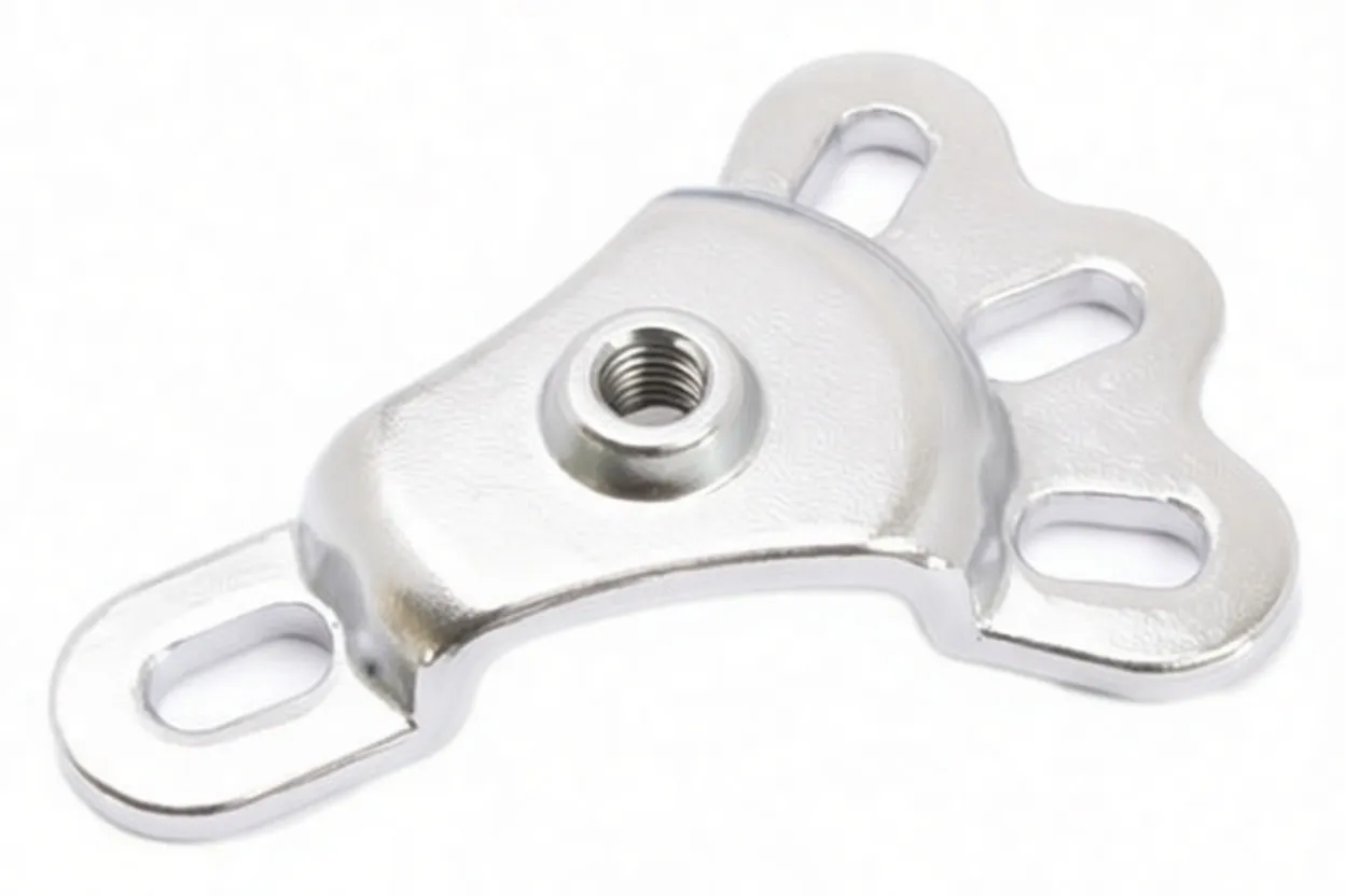 Small silver puller plate with three slotted holes and central riveted collar, zinc plated finish with a faint stamped 'S' near the center.