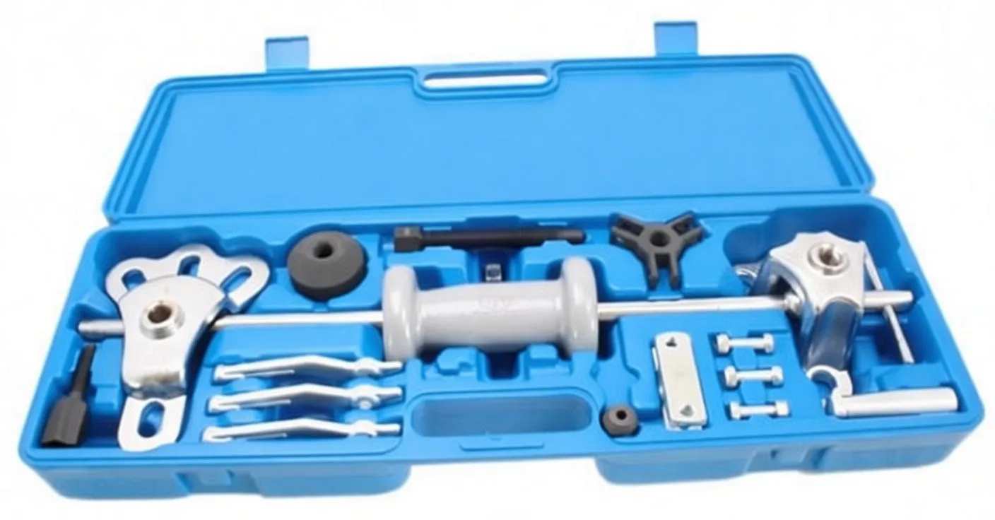 Top-down image of slide hammer kit in blue case showing slide weight, spider puller, three curved jaws, adapter plates and small bolts laid out in molded compartments.